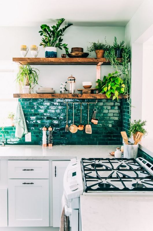  Kitchen plants inspiration | Green kitchen tile | Exposed shelves | The School of Styling - A three-day hands-on workshop for creative entrepreneurs.  http://www.theschoolofstyling.com  